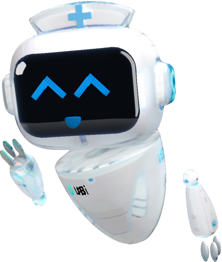 UBi, a friendly white and cyan robot nurse