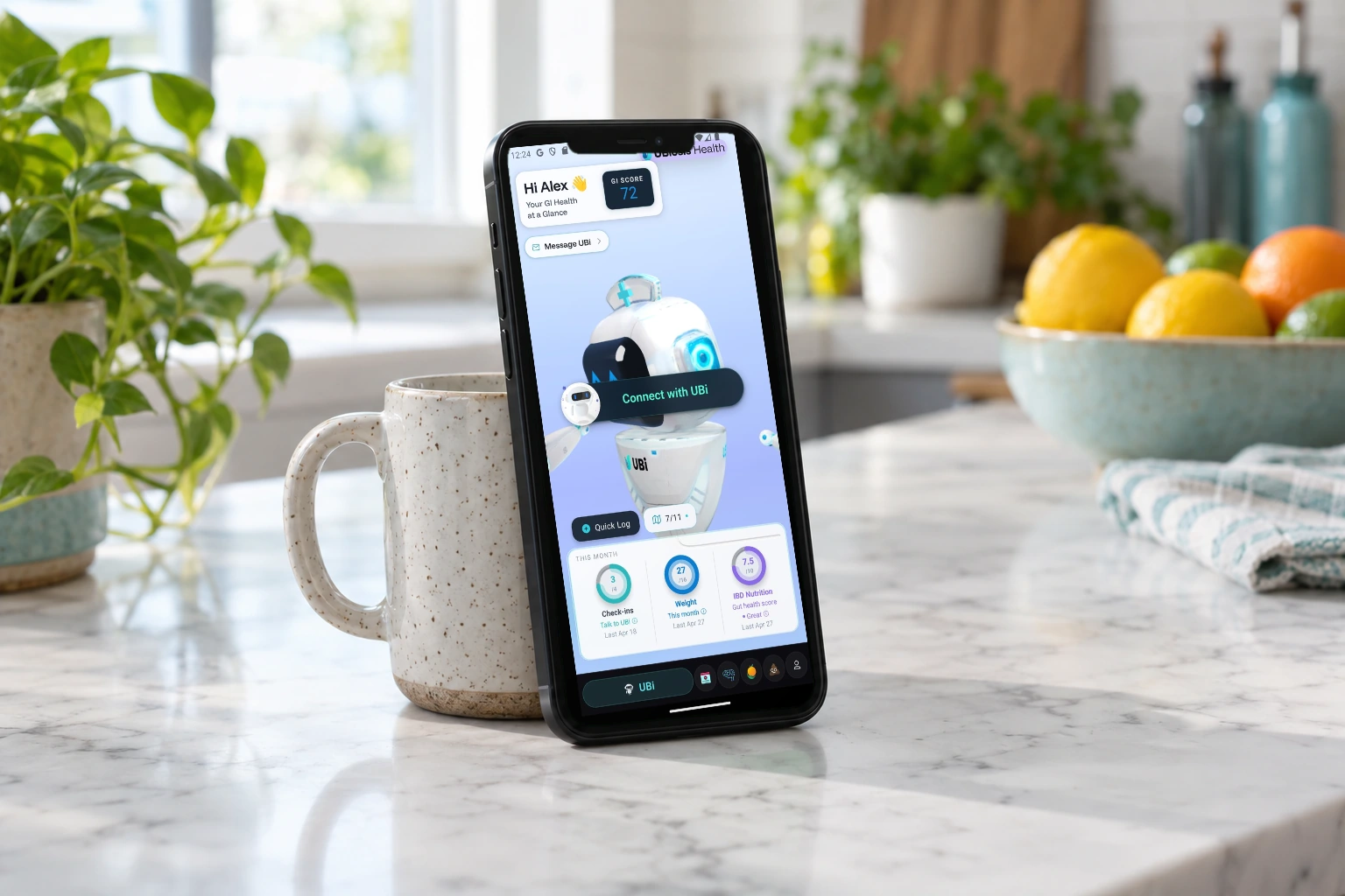 The real UBi app on a phone beside the patient’s coffee